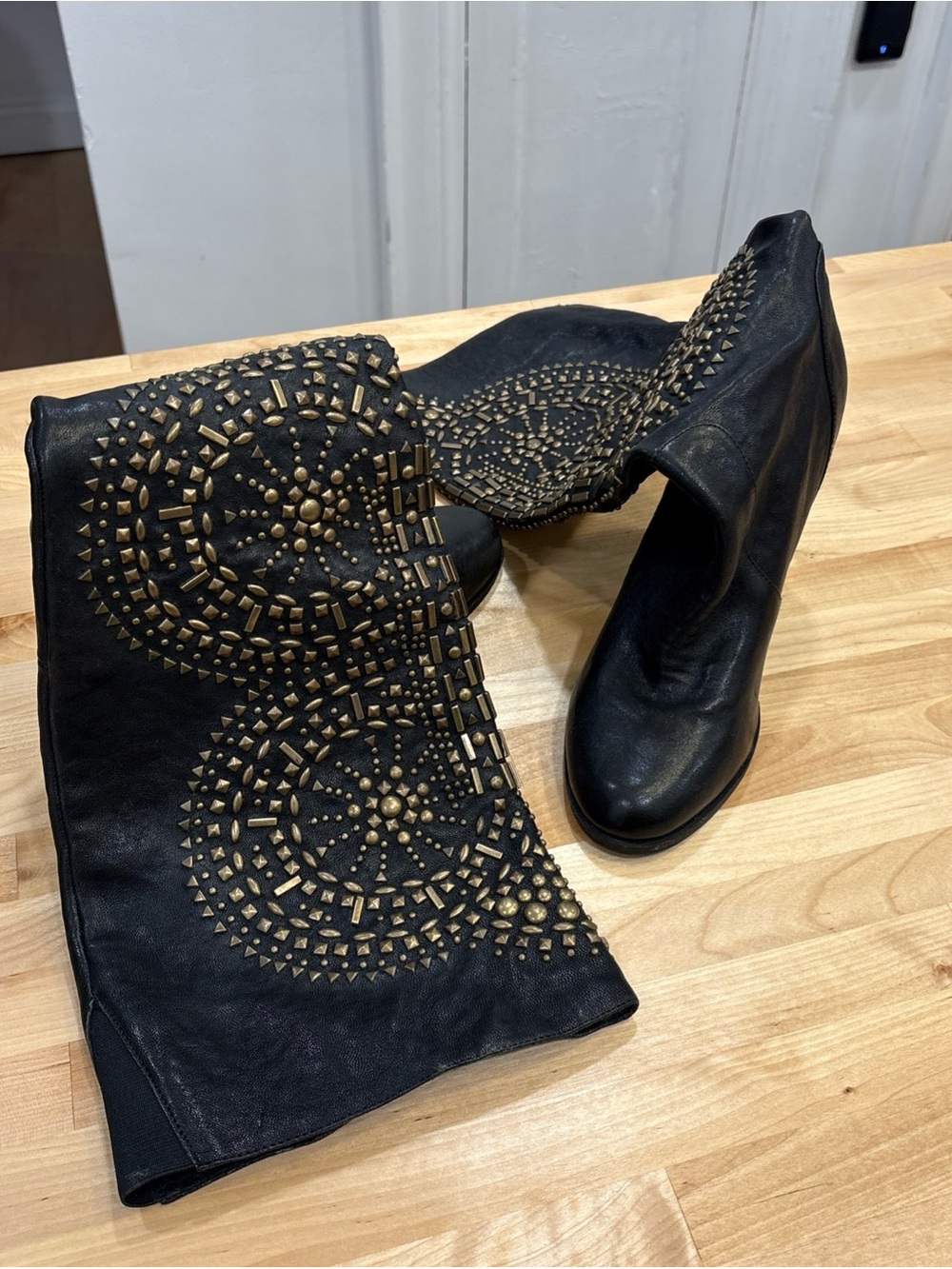 Jeffrey Campbell Fleetwood Brown Studded Leather Tall Heeled Boots Womens 8